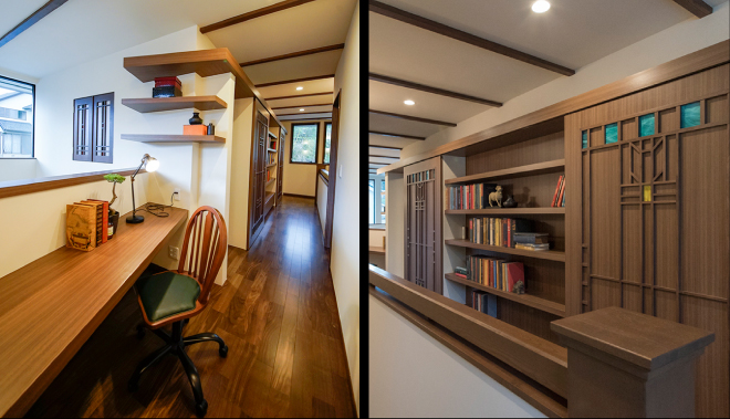書斎コーナーは、リビングと吹き抜けで繋がる程よい距離感。2階の廊下には組子細工が施された美しい引き戸が並び、重厚な雰囲気に